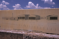 Ricostruzione grafica della veduta d'insieme dell'area sacra con i quattro templi.